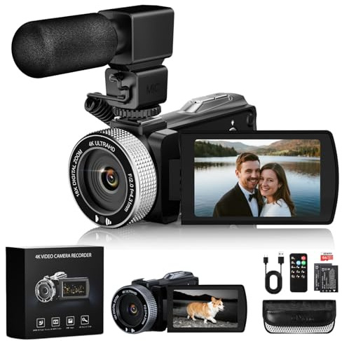 Euiivnt 4K Camcorder Video Camera with IR Night Vision, 64MP Vlogging Camera for YouTube with External Mic, 18X Zoom & 3.0” Flip Touchscreen, Includes 2 Batteries, 64GB Card & Remote Control