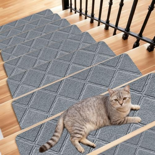 CAIEJSAEN 15 Stück Stufenmatten Selbstklebend Treppenstufen Matten 55cmx19cm Anti-Rutsch Treppen Treppenteppich Treppenstufenmatten Zuschneidbar Wiederverwendbar Stufenmatten Stufenteppich (Hellgrau)