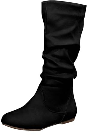 Bottes montantes pour femme - En daim - Couleur unie - Bottes mi-mollet - Bottes plates en similicuir - Pour l'automne et l'hiver, Noir , 39.5 EU
