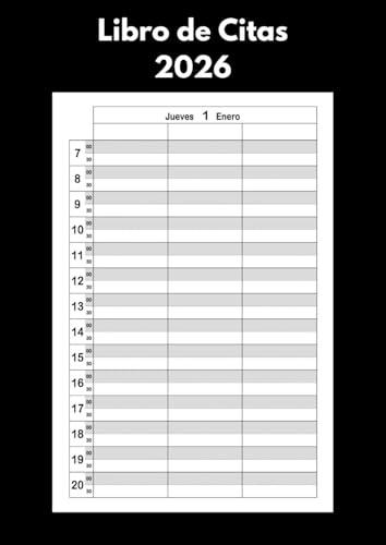Libro de Citas 2026: Agenda profesional un día por página - 3 columnas por día - Planificador de 7 a 21 horas - intervalos de 30 minutos - A4