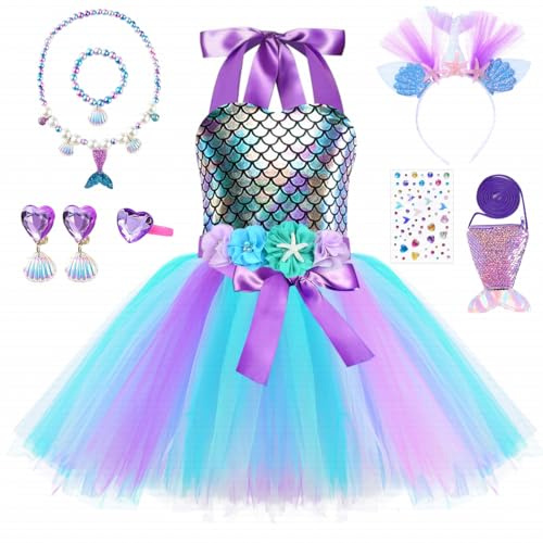 TOLOYE Prinsessklänning för barn, sjöjungfru fin utklädnad med pannband och halsbandsset, prinsesskostym, fin klänning för födelsedagsfest jul cosplay