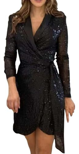 Bastwahl Robe de Fete Femme - Élégante Col en V Manches Longues Paillettes Mini Robe de Soirée Mariage Cocktail Chic Cérémonie Courtes