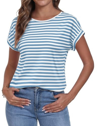Terecey Camiseta Mujer Rayas Manga Corta Cuello Redondo Holgada | Tejido Ligero y Transpirable, Caída Cómoda, Libertad de Movimiento, Uso Diario, Viajes, Paseos y Vacaciones de Verano