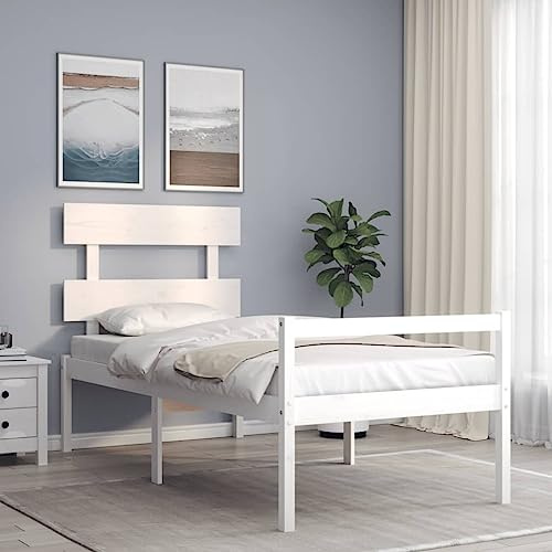 YunCangg Seniorsäng av massiv furu vit med sänggavel, 195,5 x 95,5 cm, sitthöjd 45 cm, med lagringsutrymme under sängen, robust ribbotten, perfekt för seniorvänligt sovrum