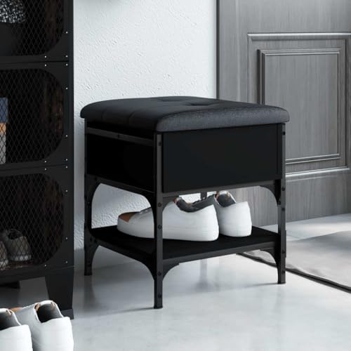 Plumbpyr Panca per scarpe nera, 42 x 42 x 45 cm, in legno con telaio in metallo, cuscino imbottito, resistente panchina per ingresso e spogliatoio, moderna panca rettangolare