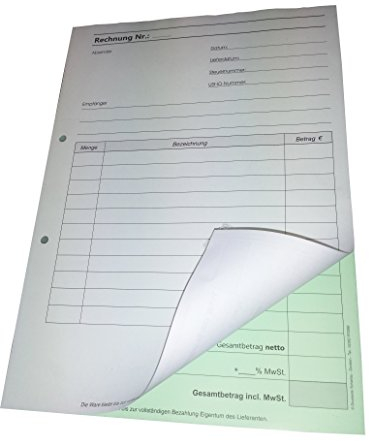 4x Rechnungsblock Block Rechnung DIN A5, 2-fach selbstdurchschreibend,2x50 Blatt weiß/grün - gelocht (22434)