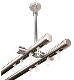 iso-design Gardinenstange Innenlauf 2-läufig Deckenmontage im Edelstahl Design 20 mm, großer Deckenabstand, Deckenhalter kürzbar, Endstück Kappe, 160 cm