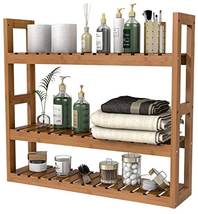 Domax Bamboo Bathroom Shelf 3-Tier Wall Mount Storage Rack Multifunctional Adjustable Layer Free Standing Over Toilet Utility Shelves Living Room Kitchen (Walnut)