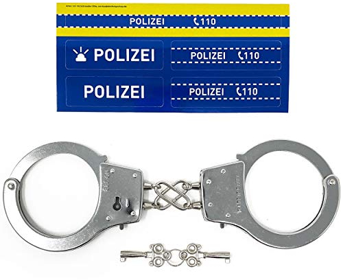 Polizei Handschellen Kinder aus Metall - Ausrüstung für das Polizei Kostüm Kinder | Mit Schlüssel & Sticker | Stabile Handcuffs auch für Erwachsene. Polizeikostüm Jungen Karneval