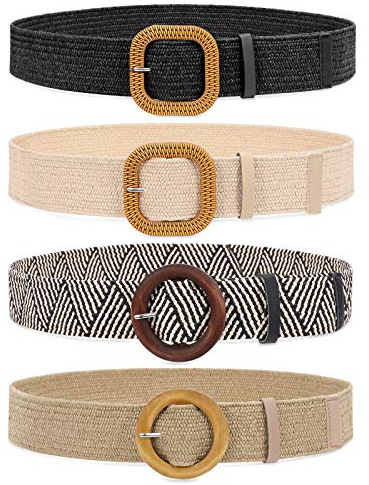 JASGOOD 4 Pack Straw Woven Elastic Stretch Waist Belts for Women Dresses, Fashion Boho Ladies Braided Skinny Belt, Black & Sand & Stripe & Khaki(Round Buckle),XL