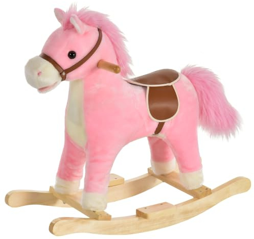 HOMCOM Cavallo a Dondolo per Bambini, Cavallino a Dondolo Bambini 36-72 Mesi, Cavalluccio Giocattolo con Suoni Realistici e 2 Batterie AA, Rosa