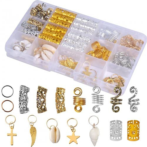 Pinsheng 159 Pcs Hair Jewelry Rings Aluminum Dreadlocks Braid Rings Adjustable Hair Cuffs Beads Pendants Hair Clips for Braids Decoration