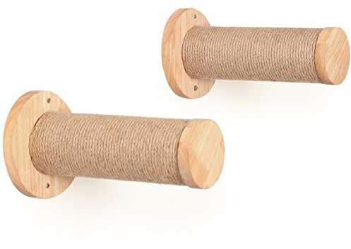 FUKUMARU Katzentreppe Wand, Kletterstufe (2er-Pack), massives Gummibaumholz, Ø 9 x L30 cm Sisal-Pfosten, Wandmontage Jute-Kratzäulen, DIY Kletterwand Katzen