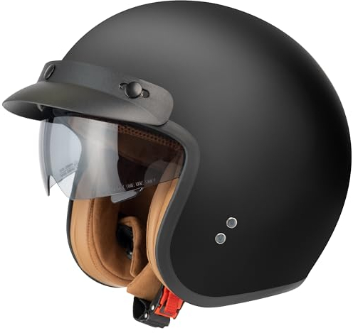 Jethelm mit Visier by BS Way: Hochwertiger Motorradhelm, ECE-Zertifiziert für Herren und Damen - Ideal für Roller, Moped, Mofa und Scooter - Retro Helm Design, Halbschalenhelm Matt Schwarz