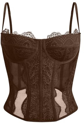 Dealmore Tops de corsé con tirantes de espagueti y malla de encaje para mujer, para una cita o salir por la noche de fiesta o a un club, Marrón, XL
