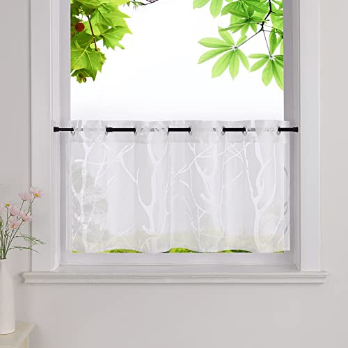 HeichkelL Fönstergardin, brännare, gardiner, transparent, bistrogardin med öljetter, kök, kort gardin, grenmönster, vit, H x B 60 x 140 cm