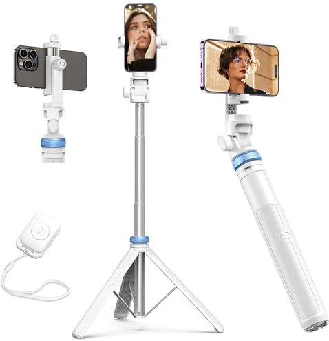 Kaiess 62 Phone Tripod & Selfie Stick, Extendable Photography Light Stand with Wireless Remote, Solidest, Portable, Lightweight, Compatible with iPhone/Android Phone (White)