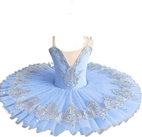 WIINXX Bambina Gonna Tutu di Balletto Body Elasticizzato Vestito da Competizione Costume da Lago dei cigni Costumi di Danza del Ventre per Bambini Vestito da Performance sul palco,Blu,150