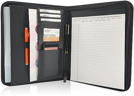 Bisofice Carpeta de escritura A4 con cremallera, Carpeta de conferencias de cuero A4, Carpeta padfolio business A4, Carpeta de cuero multifuncional, Compartimentos para tableta, Funda para tableta