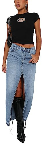 Gonna Lunga di Jeans Donna Vita Alta con Spacco Davanti Gonne Denim Y2K Vintage Harajuku Maxi Midi Gonna Gonne a Portafoglio in Denim Tinta Unita con Tasche (Blu, S)