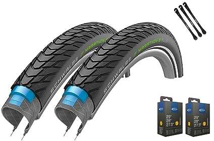 2er Set Schwalbe Reifen Marathon E Plus 28x1.75 (47-622) oder 28x2.00 (50-622) Reflex auswählbar mit wählbar Schläuchen + 3 MSZweirad Metall Reifenheber E Bike (DV Schläuche, 28x1.75 (47-622))