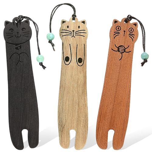 Aster 3 Pcs Cute Cat Bookmarks - Wooden Kawaii Cat Bookmark Cute Natural Wooden Carving Book Marks for Teachers Students Book Lovers