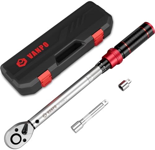 VANPO Clé Dynamométrique 1/2, 20-220NM Cle Dynamometrique Kit avec Rallonges 125mm, Adaptateur 1/2 à 3/8, Clef Dynamometrique pour Roue Voiture, Moto et Camion