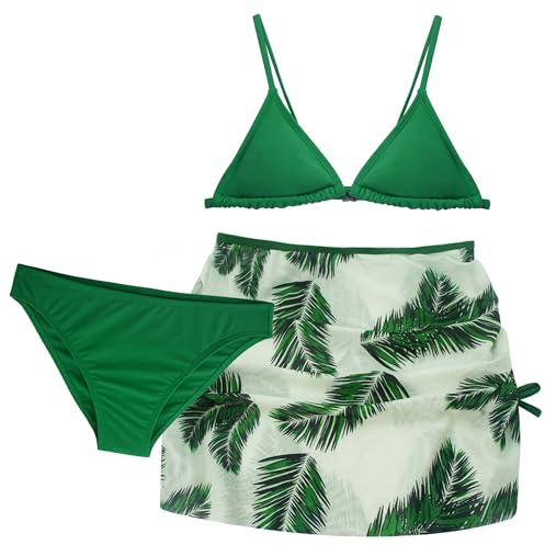 Happy Cherry – barn flicka 3 delar baddräkt bikini badset baddräkt med täckningskjolar Hawaii blommiga badkläder rush guard baddräkt för sommarstrand solbad pool 8–14 år, grön 1, 10-11 År