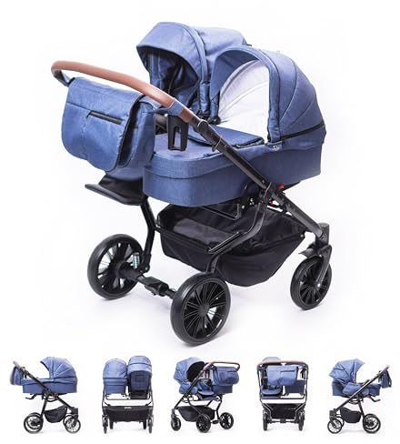 ZEKIWA Geschwisterwagen 3 in 1 [MADE IN EUROPE] + SPORTWAGENAUFSATZ Zwillingswagen 3 in 1 + Wickeltasche + Regenschutz Kinder Duo einfachen Klappsystem - inkl. Becherhalter - Zekiwa DreamDuo (Blue)