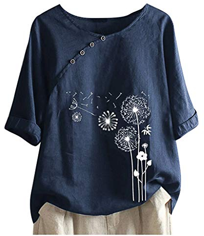 KOG Damen T-Shirts Elegant Baumwolle Leinen Tuniken Retro Blusen Basic Mode Motiv Tank Frauen Rundhals Sommer Blusenshirt Oberteile Sale Marine XXL
