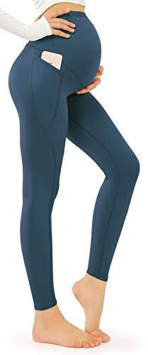 JOYSPELS Women's Maternity Leggings Over Bump with Pockets Turquoise M