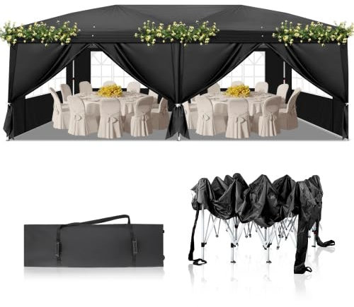 Bonnlo Faltpavillon 3 x 6 m, Wasserdicht, Sonnenschutz, Stabil Gartenzelt (Schwarz mit 4 Seitenwänden)