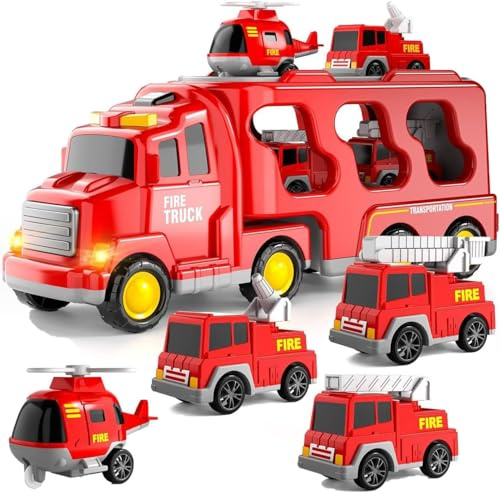 Weiongppy Camion Pompieri Giocattolo,5 In 1 Camion Porta Macchinine,Giocattolo Trasportatore Di Auto,Camion Con Macchinine Dentro,Con Suoni E Luci,Con 4 Mini Auto,Idee Regalo Per Bambini Di 2 Anni