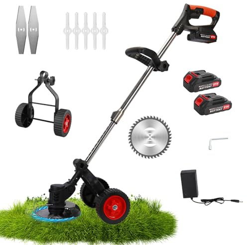 Cordless Strimmer, 21V Telescopic Lightweight Grass Trimmer with Detachable Wheels, 3 Cutting Types Blades, 2 x 2.0Ah Batteries, Electric Garden Strimmer for Lawn Edger Pruning Weed
