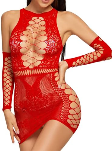 NewBull Lingerie Sexy Donna Birichina Calda 2 Pezzi Abiti in Rete con Guanti Elasticità Cavo Camicia da Notte Bodysuit Fishnet Bodystocking Bodycon in Pizzo e Farfalla Feste Serata, rosso, Taglia