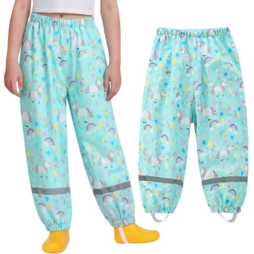Domueay Pantaloni Impermeabili Bambina Pantalone Pioggia Leggero Non Imbottiti Verde Cavallo Stampa Antipioggia Antivento con Striscia Riflettente Pantaloni Fango per Ragazze 5-6 Anni