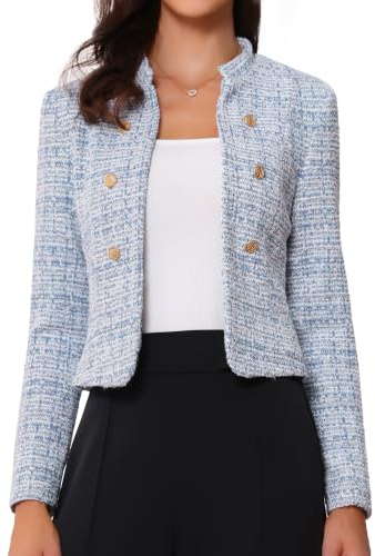 Allegra K Vestes vintage en tweed pour femmes, blazer court à col montant ouvert sur le devant | Col montant, veste courte à carreaux vintage, tenues décontractées habillées, printemps, automne, hiver