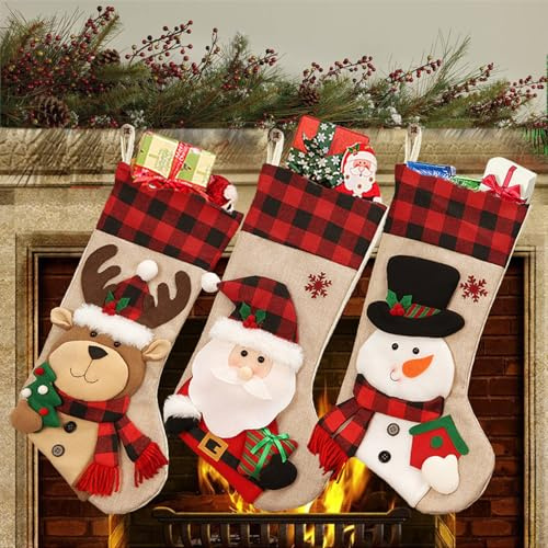 GugnRyAc Christmas Stockings Large 18 Inch 3Pcs - Xmas Stocking Burlap with Plaid and Santa, Snowman, Reindeer for Family Holiday Party Decorations