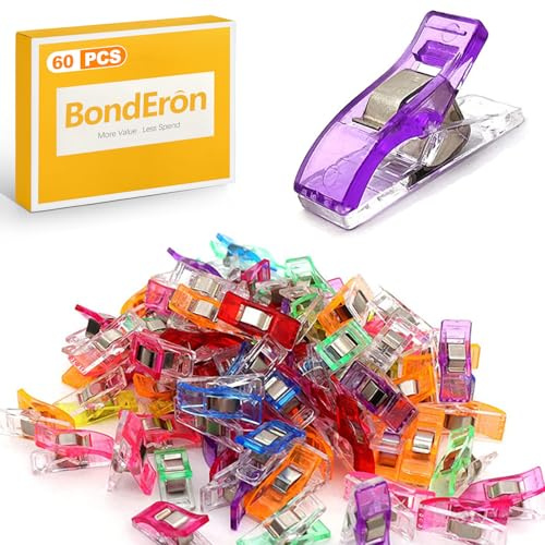 BondEron 60 Stück Hochwertige Nähklammern Stoffklammern, Starke Nähclips zum Nähen als Alternative zu Stecknadeln, Ideal für Patchwork, Quilten & Basteln, Bunt Gemischt