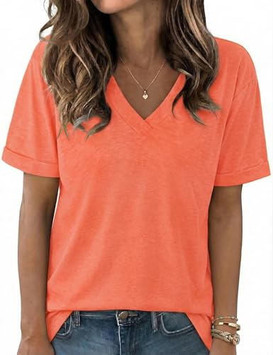 Aottori Tee Shirt Long Femme Col V Manches Courtes Couleur Unie Coupe Ample | Col V clairement structuré; manches courtes avec une ligne nette; coupe ample et long; adapté au quotidien et en voyage