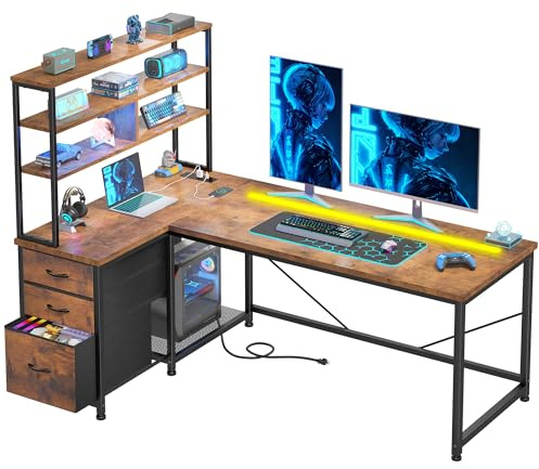 Cliporix Large L Shaped Computer Desk with LED & Power Outlets, Brown | 140x80x150cm Gaming Table,3-Tier Zoned Desktop Shelves,3 Storage Drawers,CPU Stand,Reversible Corner Fit,Students,Home Office