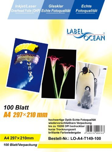 LabelOcean (R) 100 Blatt A4 Overheadfolie (OHP Transparentfolie) für Inkjet, Laserdrucker und Kopierer, weiß, 70 nits, A4