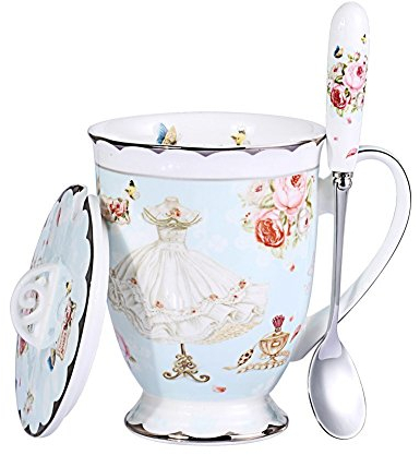 YBK Tech – Tasse à thé en porcelaine style européen avec couvercle pour petit déjeuner, cuisine, motif papillons, bleu