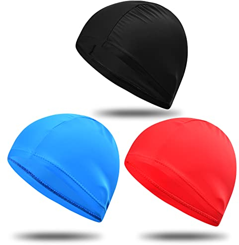 3 Stück Badekappen Damen Herren Kinder, Elastische Stoff Polyester Schwimmkappe Unisex, Rutschfeste Badehaube Leichte Bademütze, Ohrenschutz Schwimmhaube für Kurze Lange Haare Mädchen Jungen Schwimmer