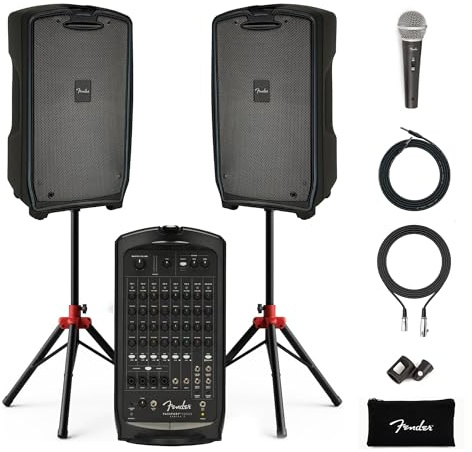 Fender Passport Venue S2 Portable PA System Bundle with Compact Speaker Stands, Microphone Kit, and Instrument Cable