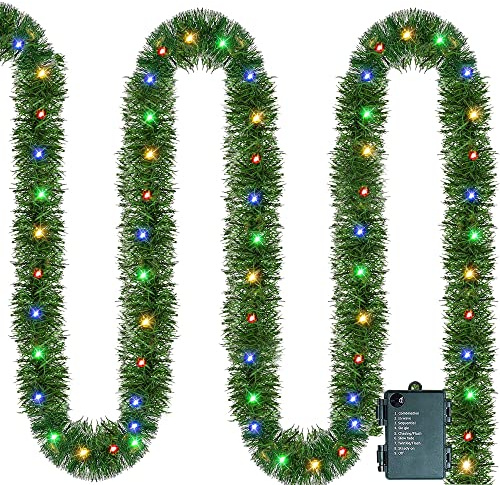 Nerosun 14.8 FT Artificial Christmas Garland, 50 Pre-Lit LED Mini String Lights Battery Operated Xmas Garland for Home Stair Railing Indoor Wedding Party Christmas Ornament Decorations (Multi-Colored)
