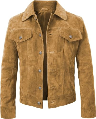 Fashion_First Chaqueta de motociclista de piel de ante marrón para hombre, estilo vaquero occidental, chaqueta de camionero de gamuza auténtica, marrón, 4XL