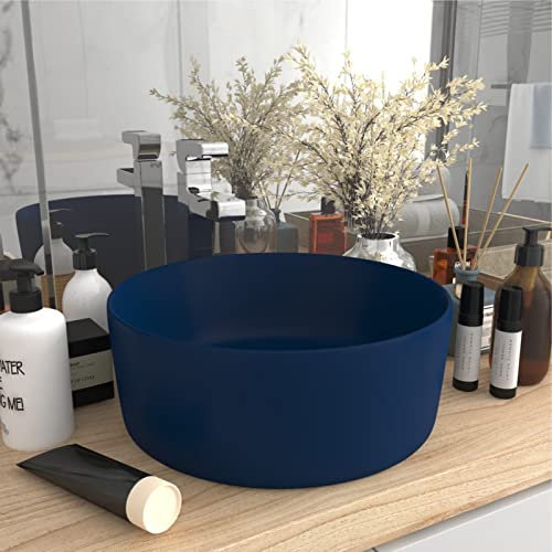 ZEYUAN Luxuriöses Waschbecken, Aufsatzwaschbecken, Waschtisch, Aufsatzwaschtisch, Wash Basin, Badmöbel, Bathroom Sink, Rund Matt Dunkelblau 40x15 cm Keramik