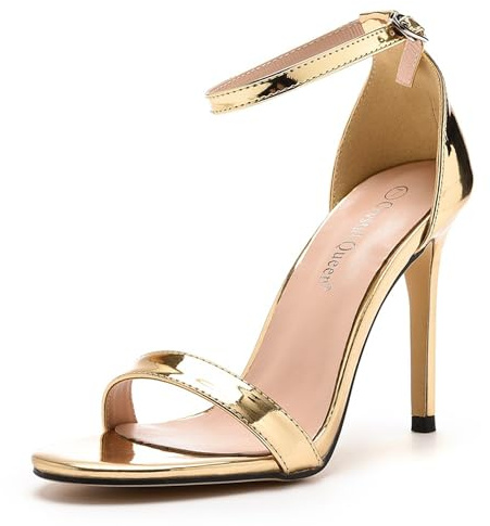 FamMe Sandali Eleganti da Donna con Tacco, Punta Aperta, Cinturino alla Caviglia, Stiletto Alto, Scarpe décolleté per Feste di Matrimonio, in Pelle Verniciata, Tacco 11 cm,d'oro,38