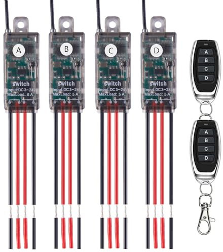 Meskliu 12v funkschalter,4 Kanal Mini Funkschalter mit Fernbedienung,DC5V-24V 5A Funk Relais Wandschalter,Kabelloser Lichtschalter mit 50m Long Range für Garagentor, Motor, Markise…